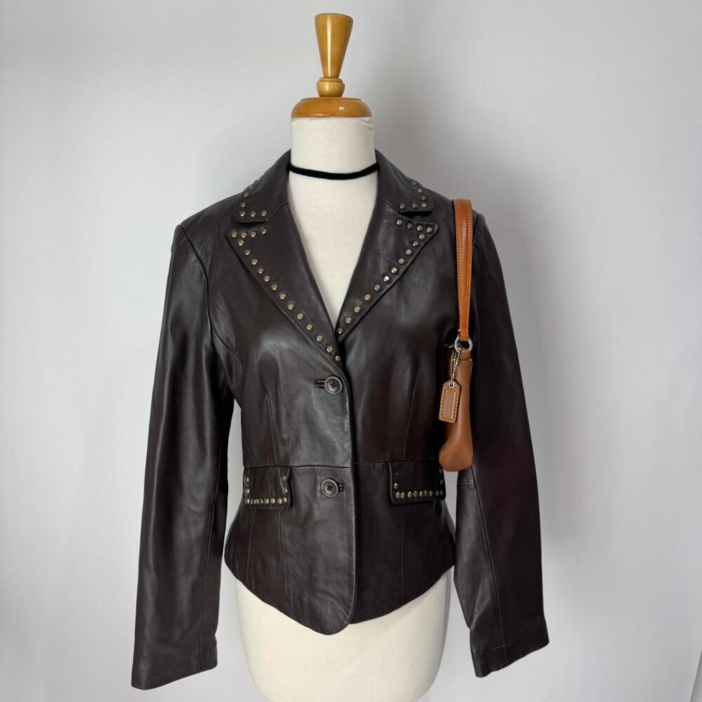 Vintage 90s Y2K Brown Genuine Lamb Leather Jacket with Studs details